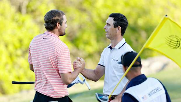 Winner Billy Horschel (center) and runner-up Scottie Scheffler at 2021 WGC Match Play 